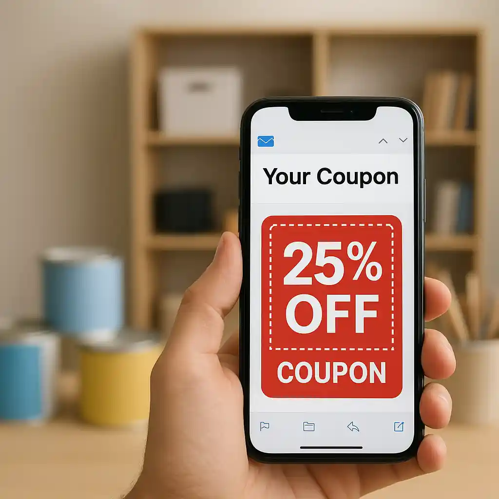 Phone displaying a store coupon with paint cans and dorm shelving in the background