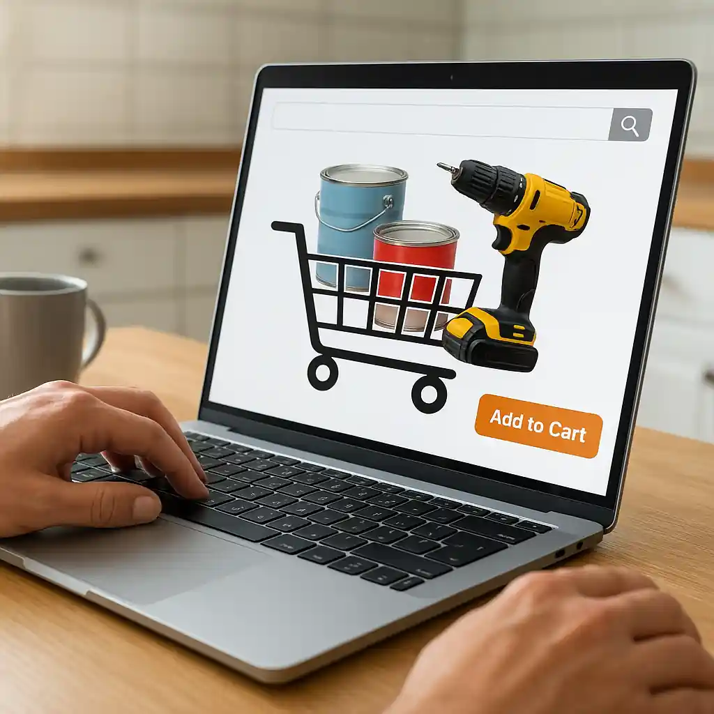 Hands adding eligible home improvement items to an online cart on a laptop