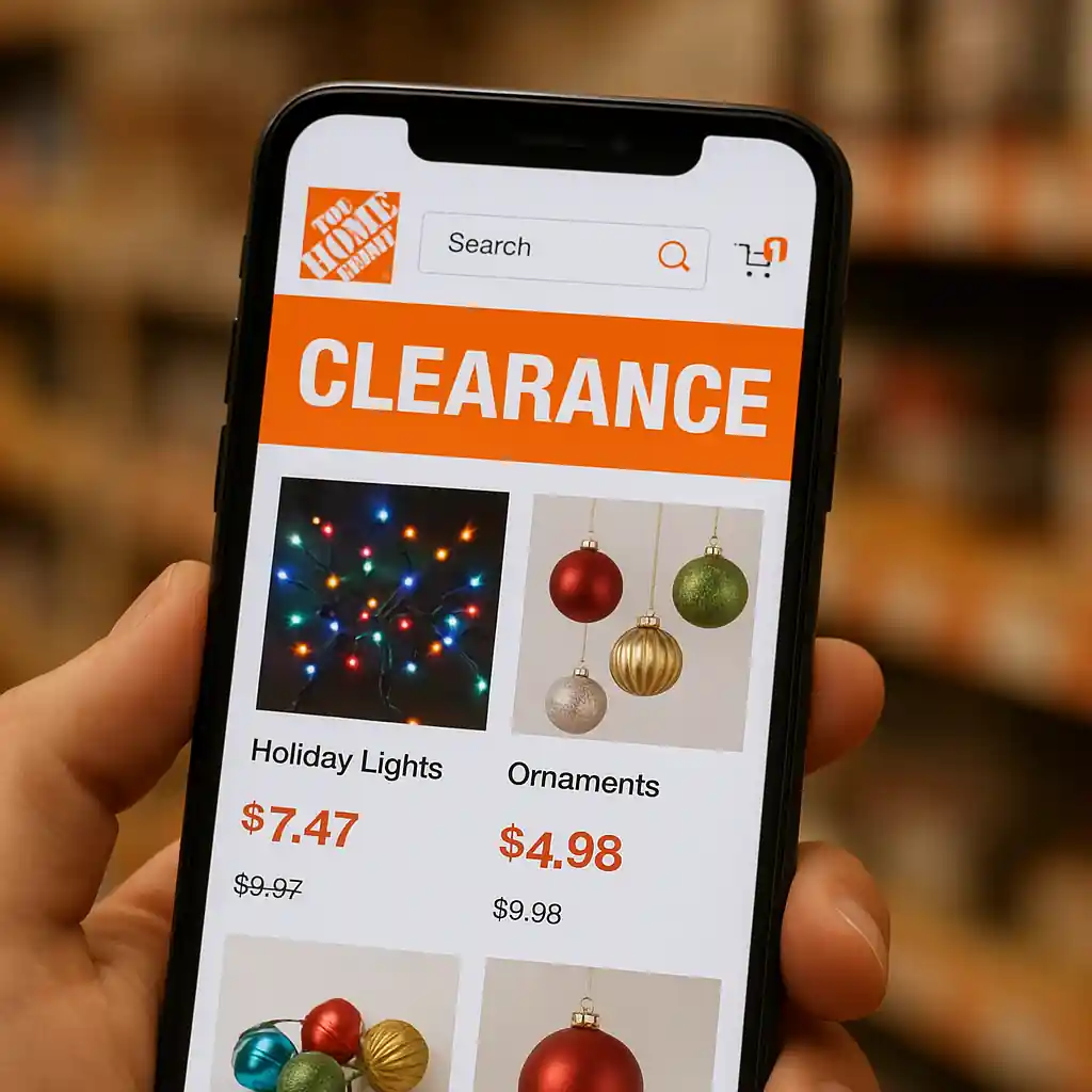 Phone screen displaying Home Depot Christmas clearance items and sale prices