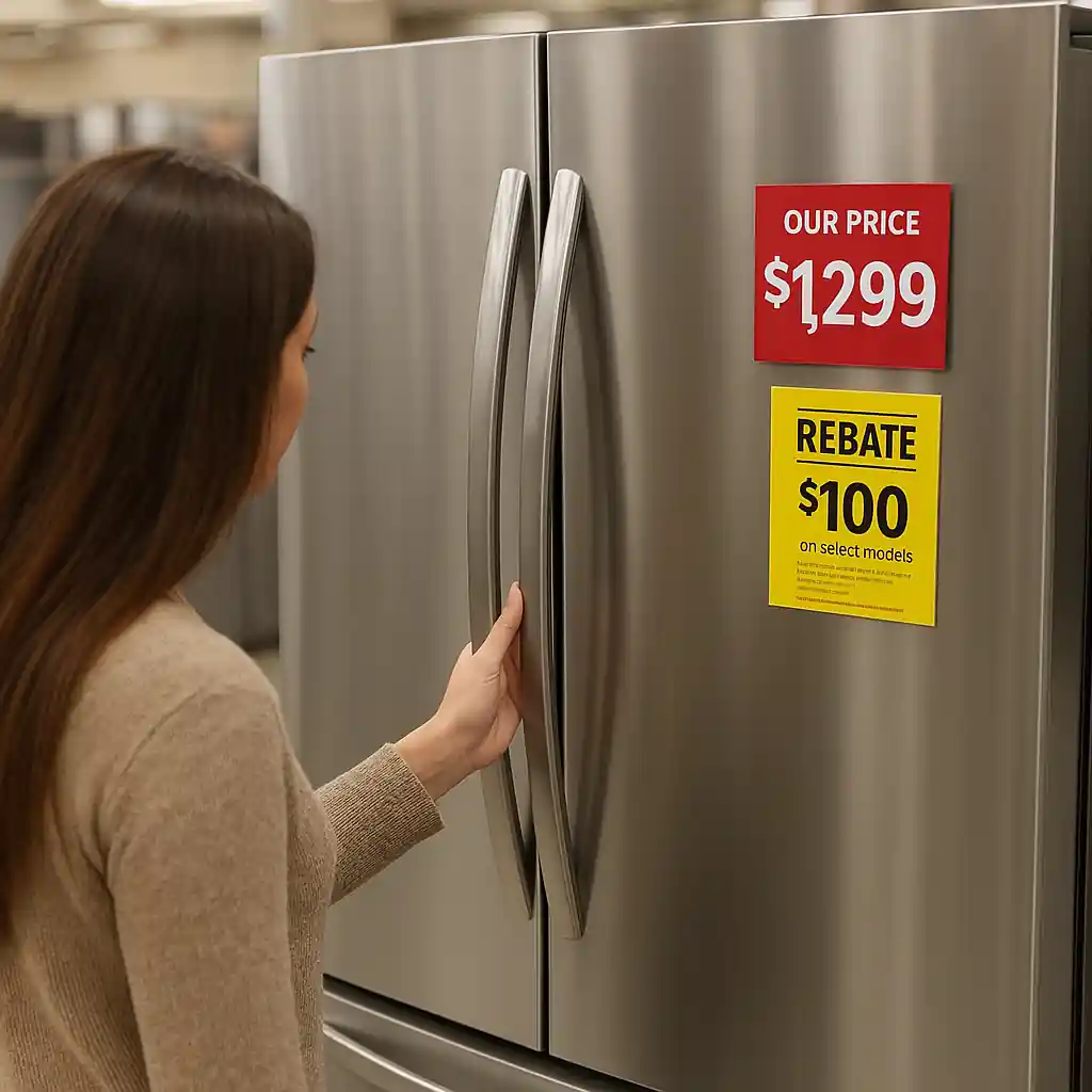 Stainless steel refrigerator on display with price tag and rebate flyer