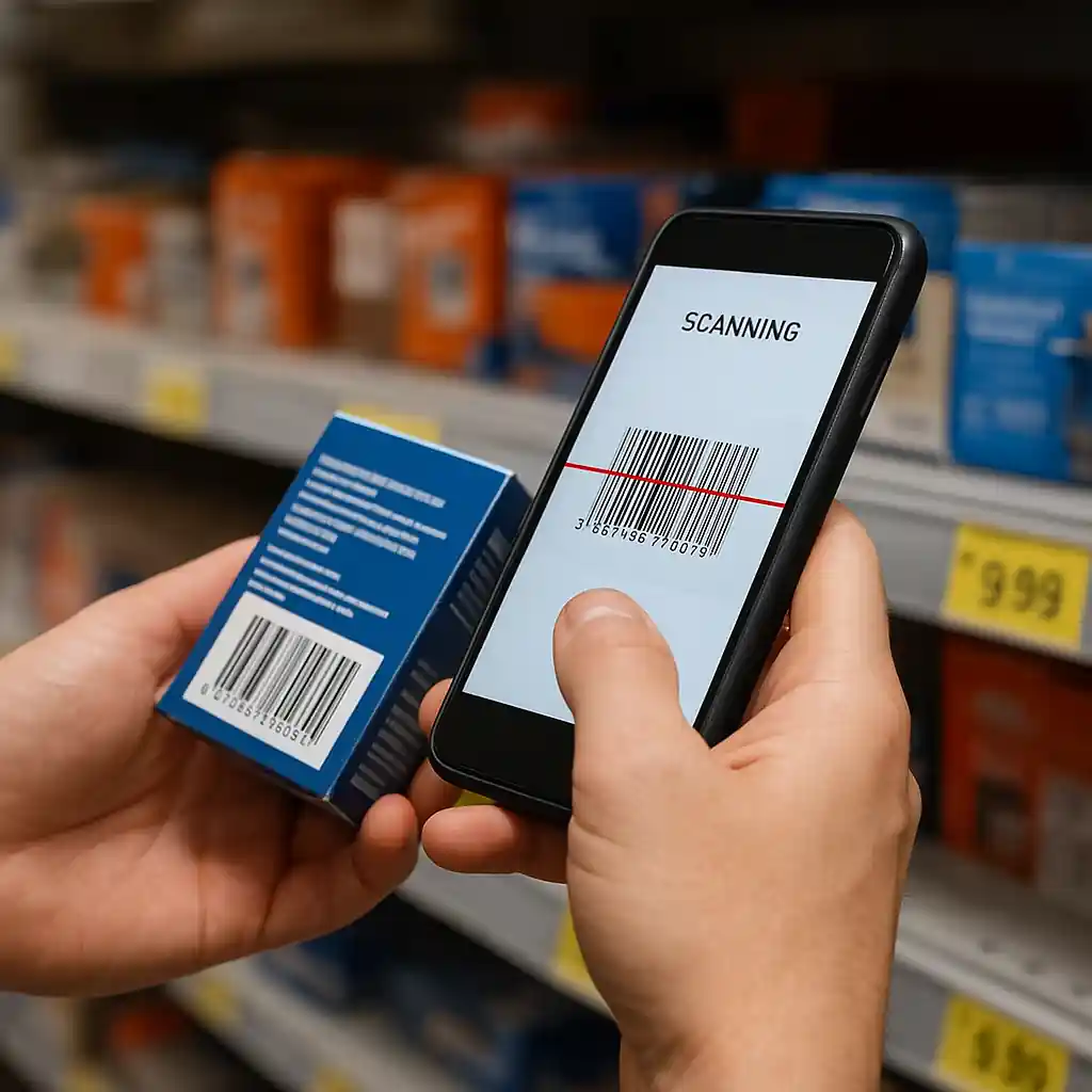 Close-up of a barcode being scanned with a smartphone app in a hardware store