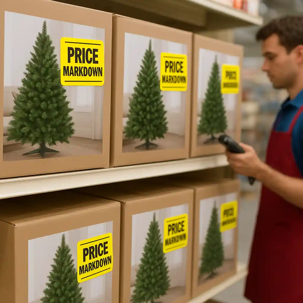 Stacked artificial trees with Home Depot Christmas clearance price tags visible