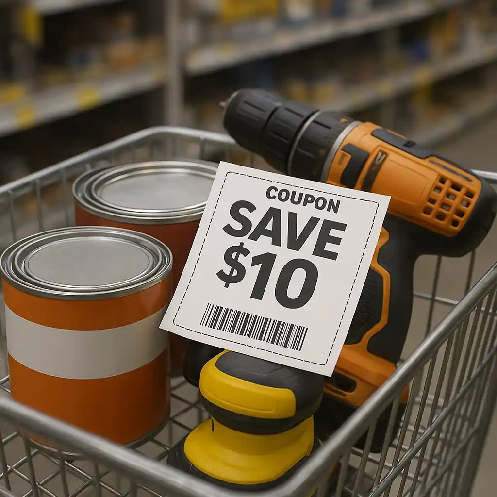 Shopping cart with items and a Home Depot promo code coupon visible on top