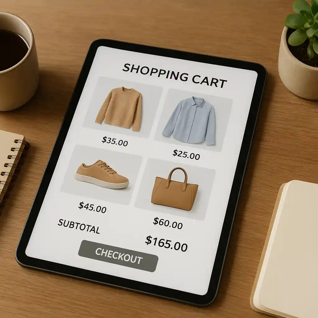 Tablet showing a Lowe's cart with product thumbnails and price totals
