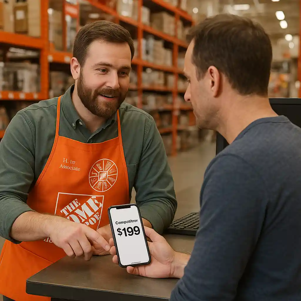 Home Depot employee checking a competitor price on a customer's phone at the service desk