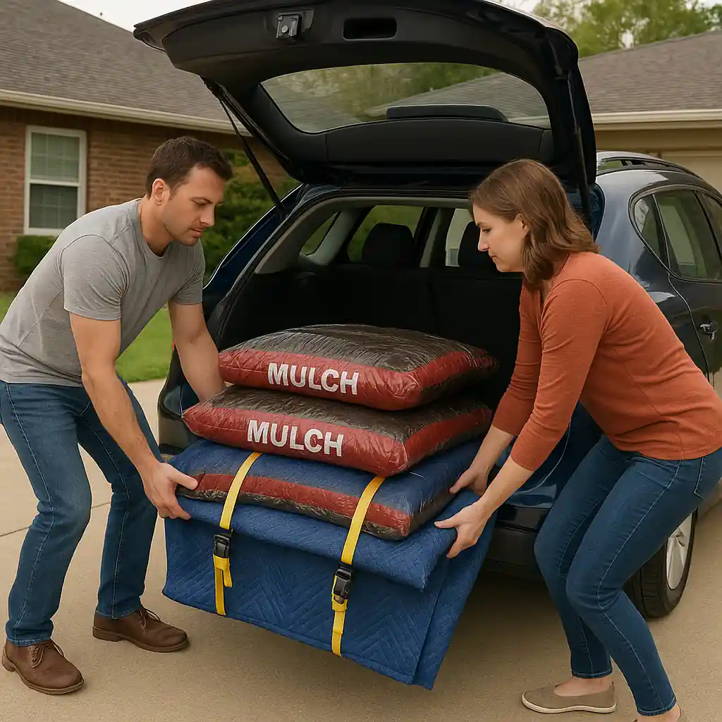 Loading Home Depot mulch bags into a car with blankets and straps