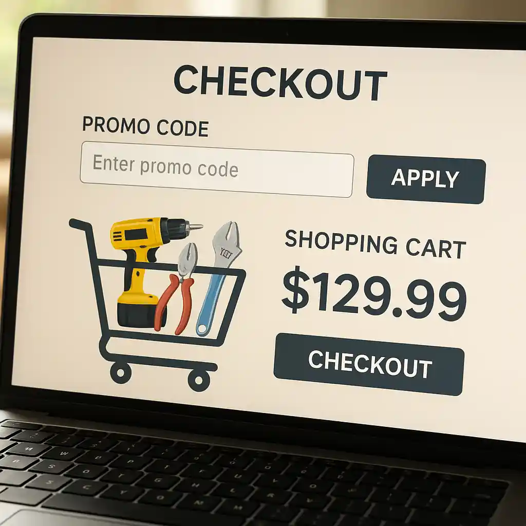 Online checkout page with promo code field and shopping cart for Home Depot purchases