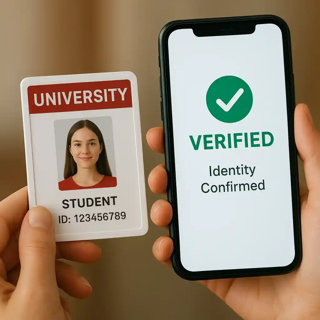 Student showing university ID next to phone with verification screen