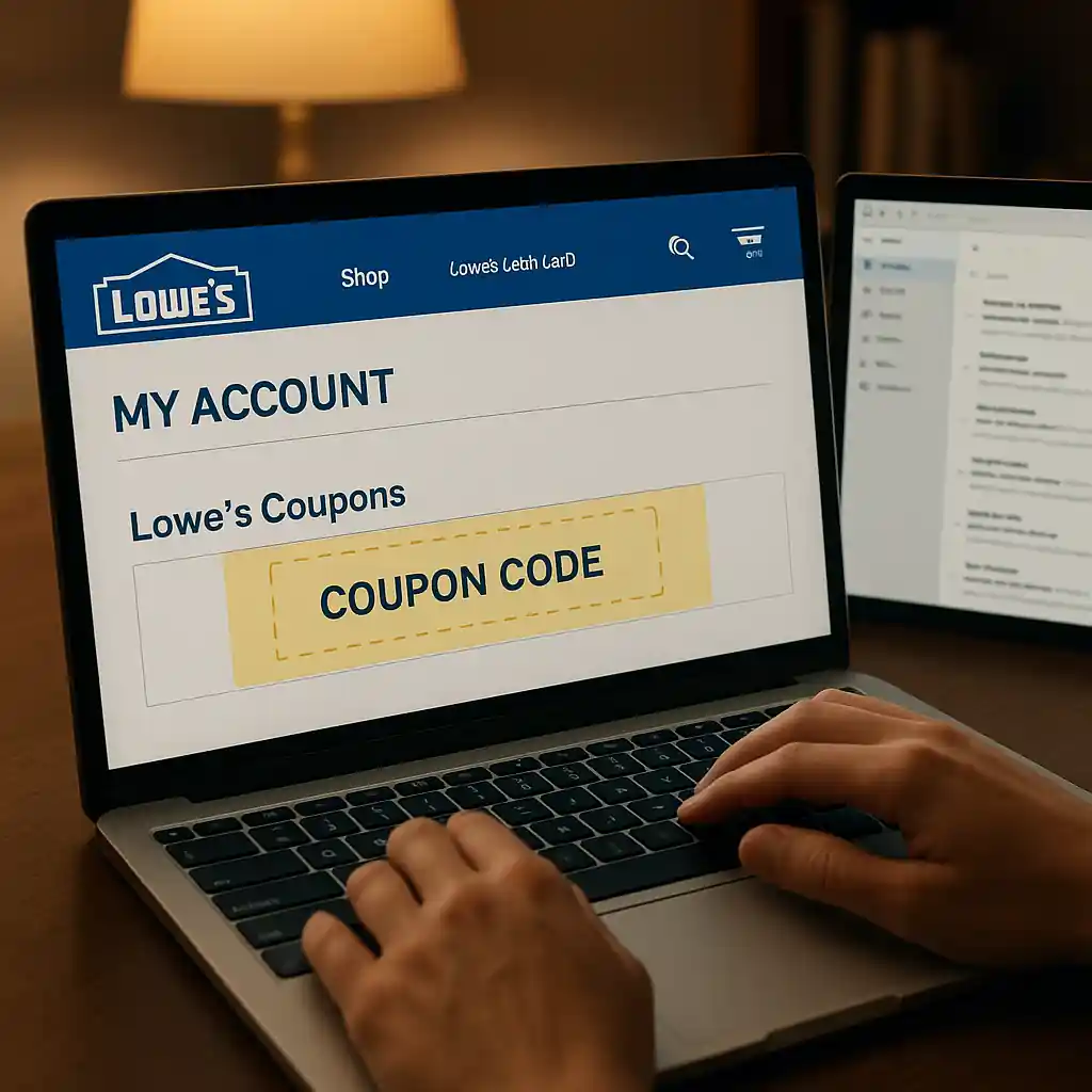 Close-up of a laptop screen verifying a coupon code with a coupon email open