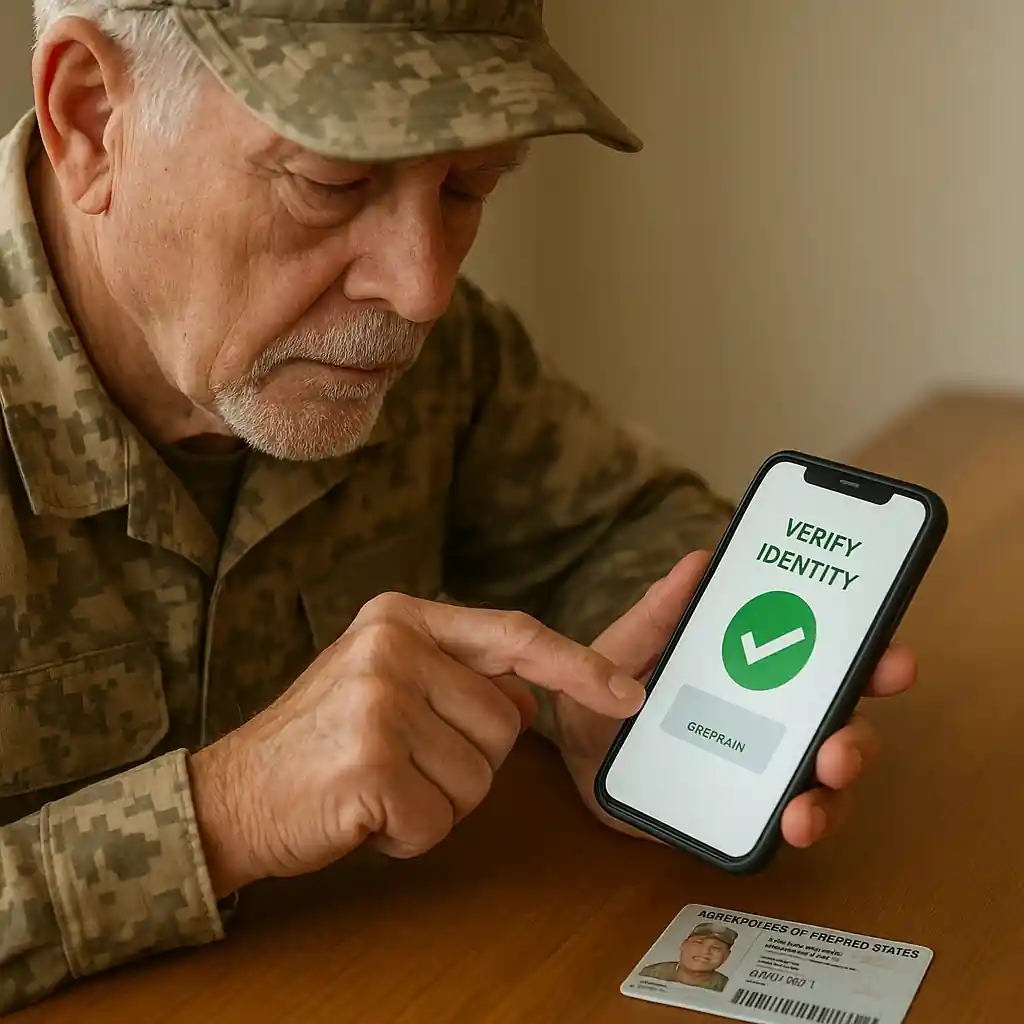 Veteran verifying Home Depot military discount on smartphone with military ID visible