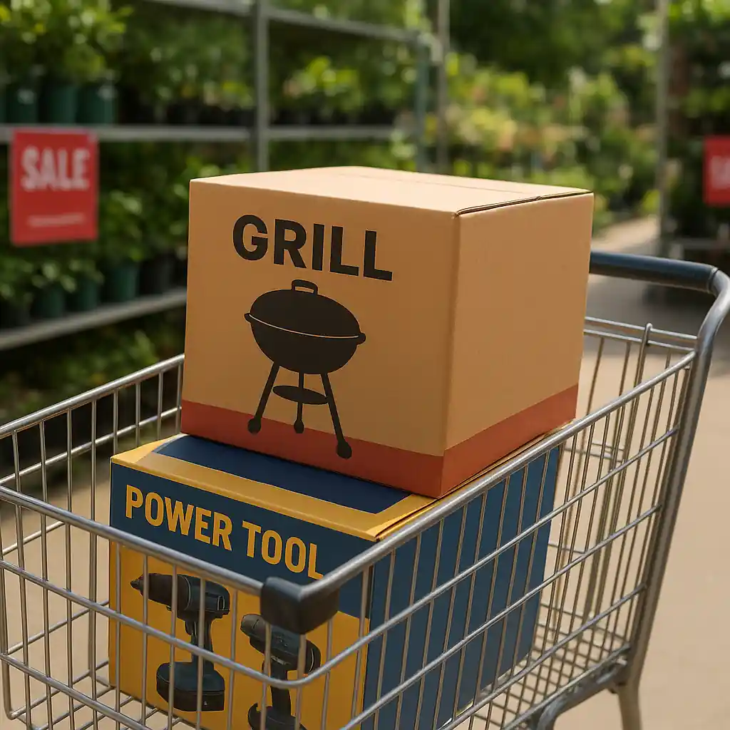Cart with boxed grill and power tools in a garden center during Labor Day promotions at a home improvement store