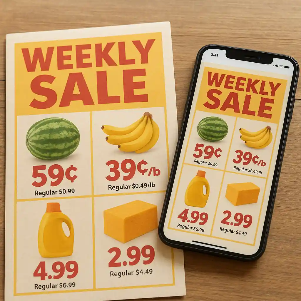 Printed Home Depot weekly sale ad alongside a smartphone displaying the online weekly ad