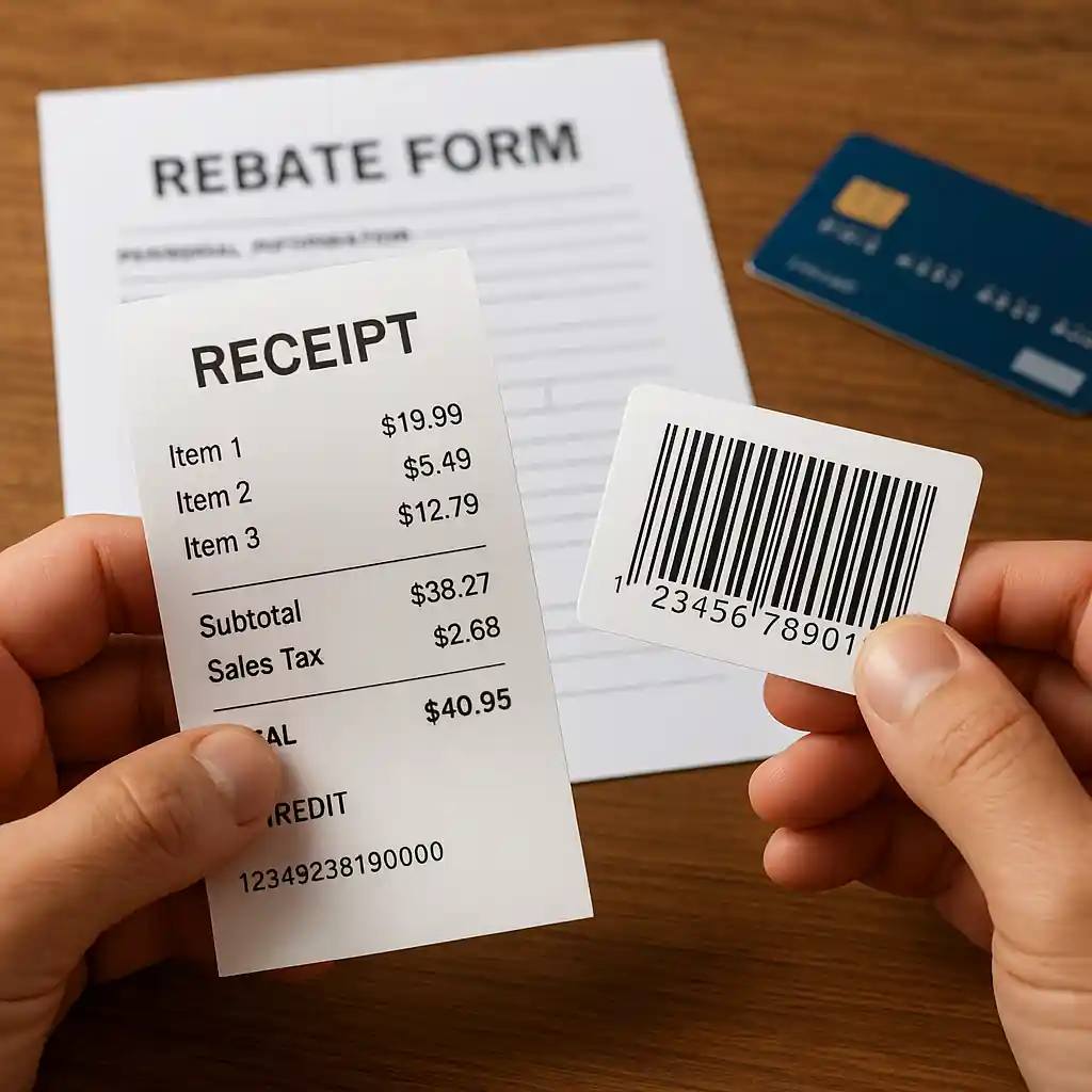 Receipt and barcode ready for manufacturer rebate with promo code details visible