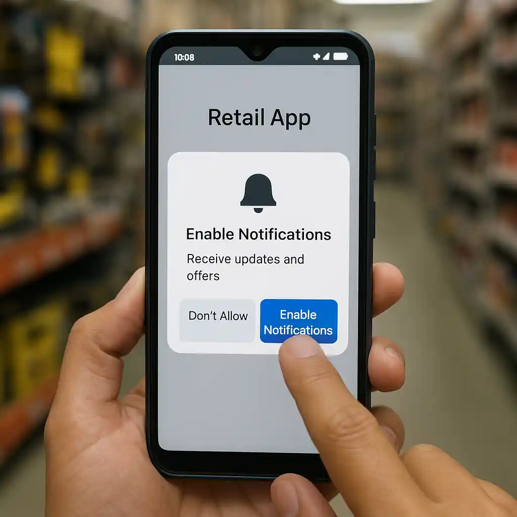 Hand enabling app notifications on phone inside a hardware store aisle