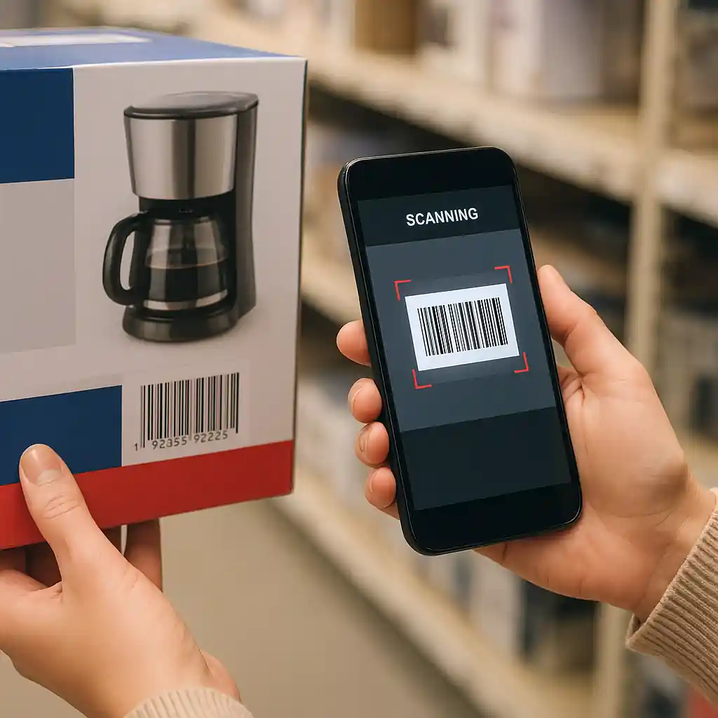 Person scanning a product barcode with a phone to confirm a Home Depot penny deals price
