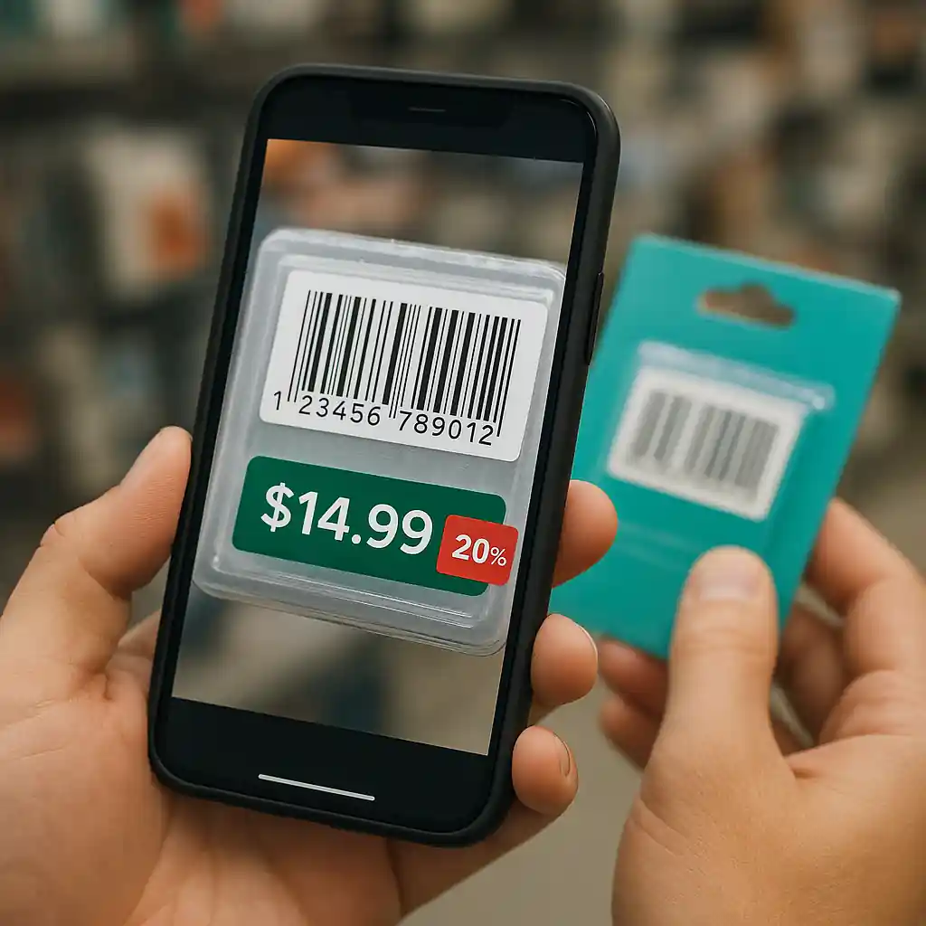 Smartphone scanning a product barcode in-store to check price and discount eligibility
