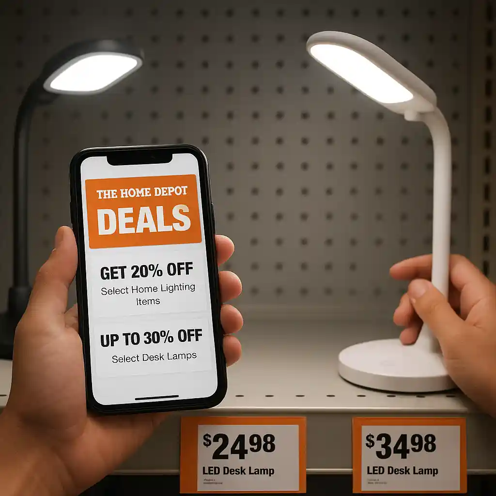 Comparing LED desk lamps with price tags and Home Depot app open on smartphone