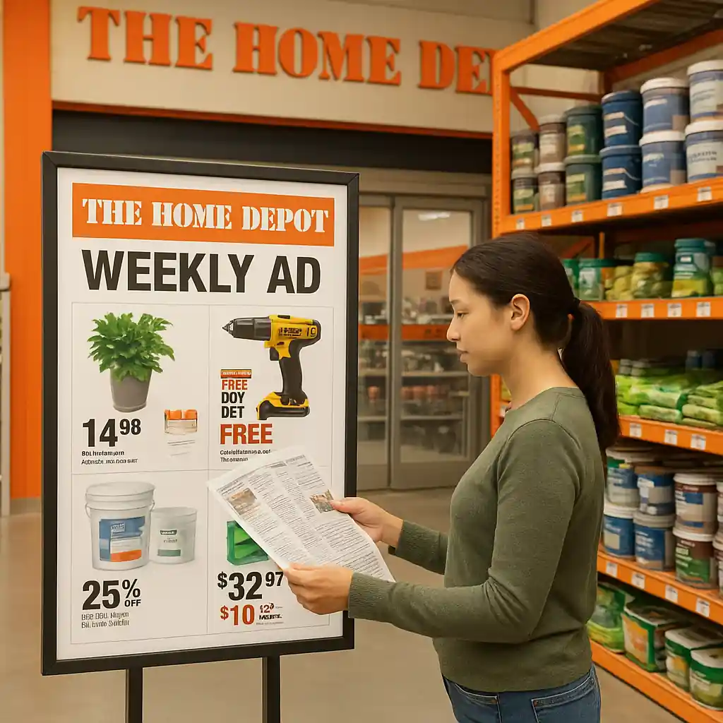 Customer looking at a Home Depot weekly sale ad poster near paint and garden supplies