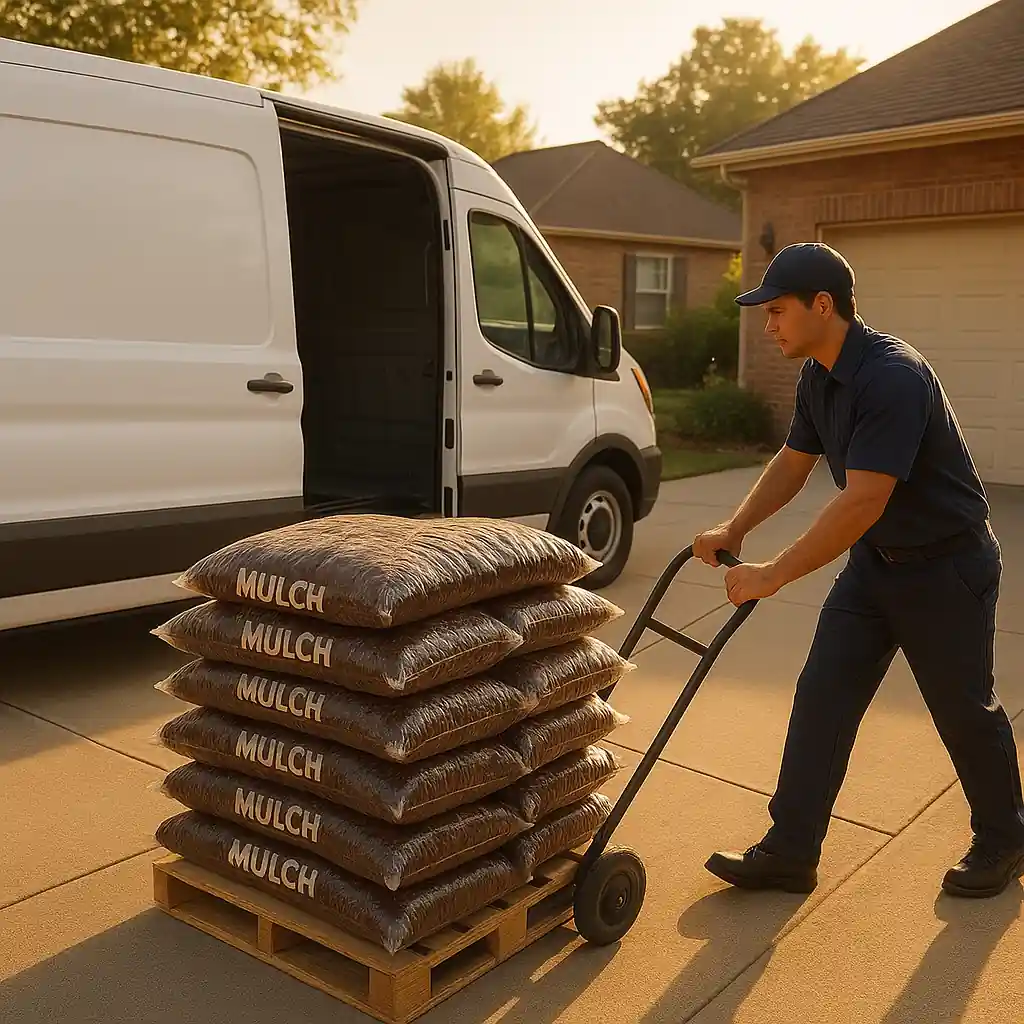 delivery driver unloading mulch bags onto a driveway for Home Depot mulch sale 5 for 10 delivery