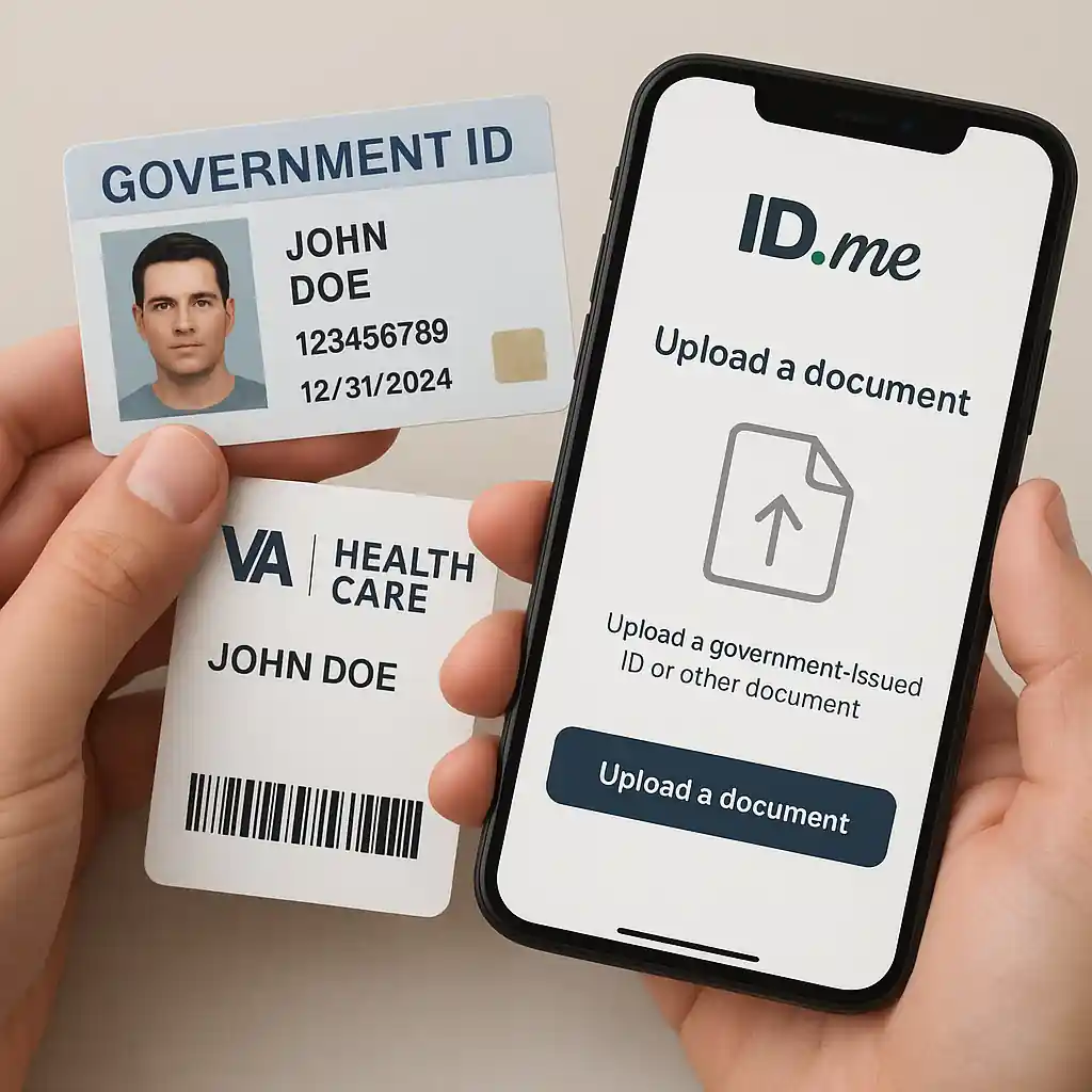 Close-up of veteran ID and VA card next to phone showing ID.me document upload