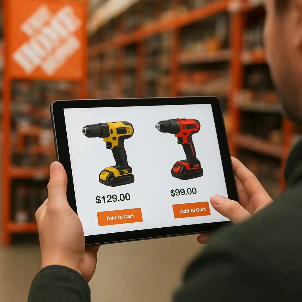 Shopper comparing power tool prices on tablet while in Home Depot aisle
