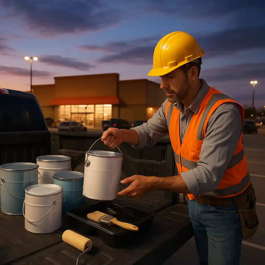 Contractor loading paint cans and supplies into a pickup truck in a store parking lot