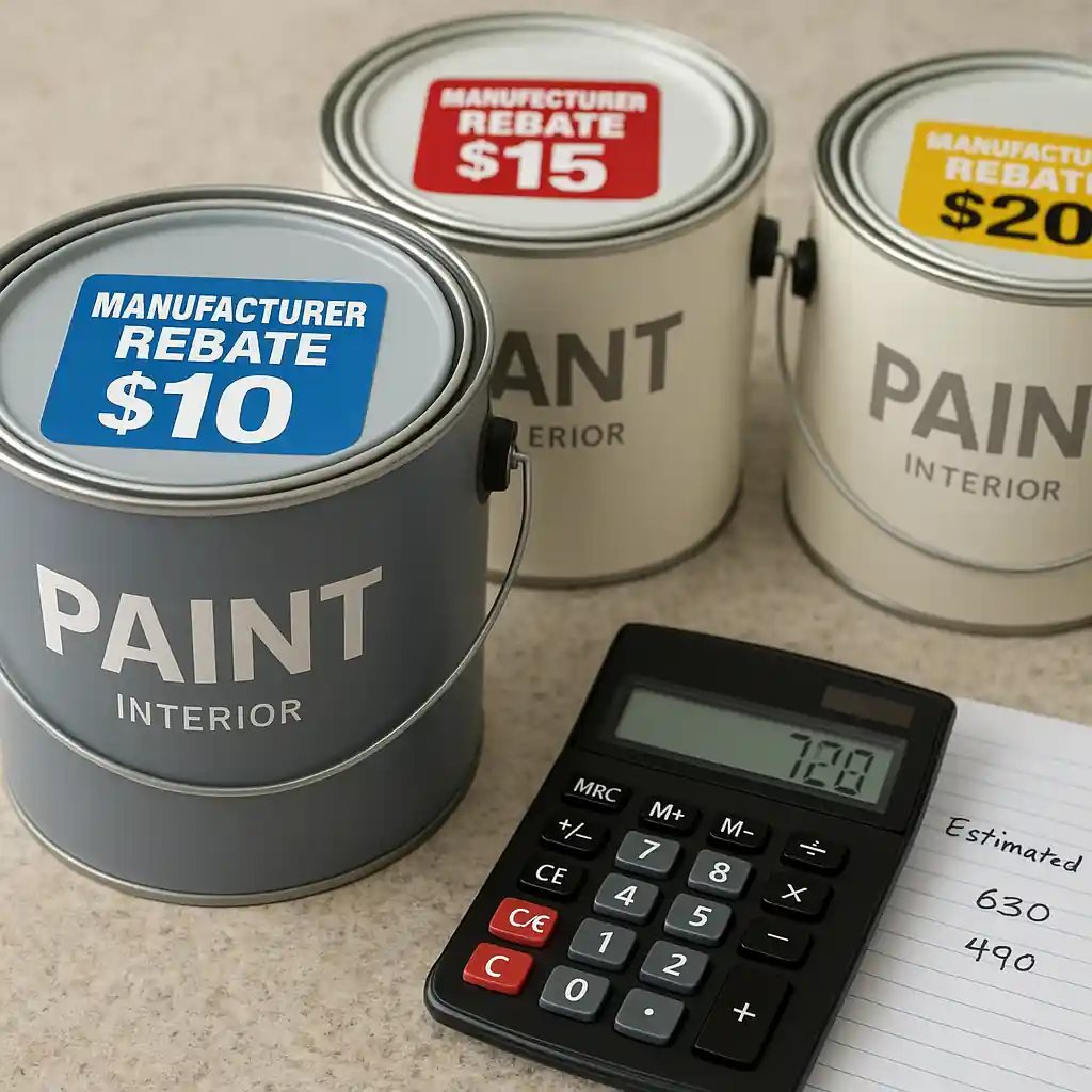 Paint cans with rebate stickers beside a calculator and square-footage notes