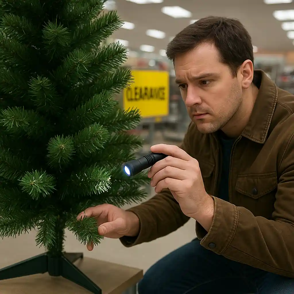 Shopper examining an artificial Christmas tree on clearance for missing branches and broken stand