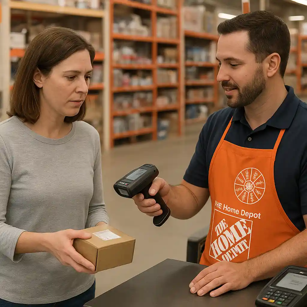 Customer and Home Depot associate price-checking an item with a handheld scanner at the register