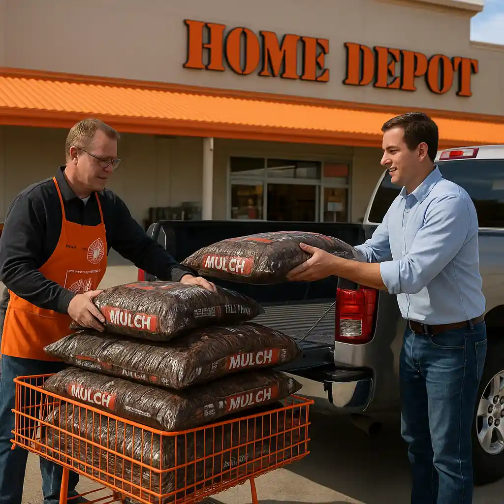 Home Depot pickup zone with mulch bags being loaded into a truck for delivery or transport