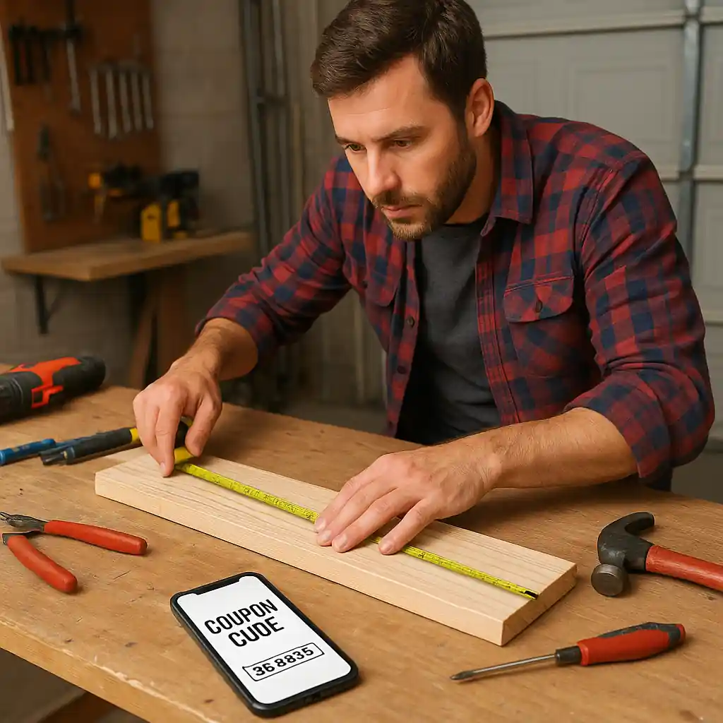 Homeowner measuring lumber in a garage with a phone displaying a digital coupon