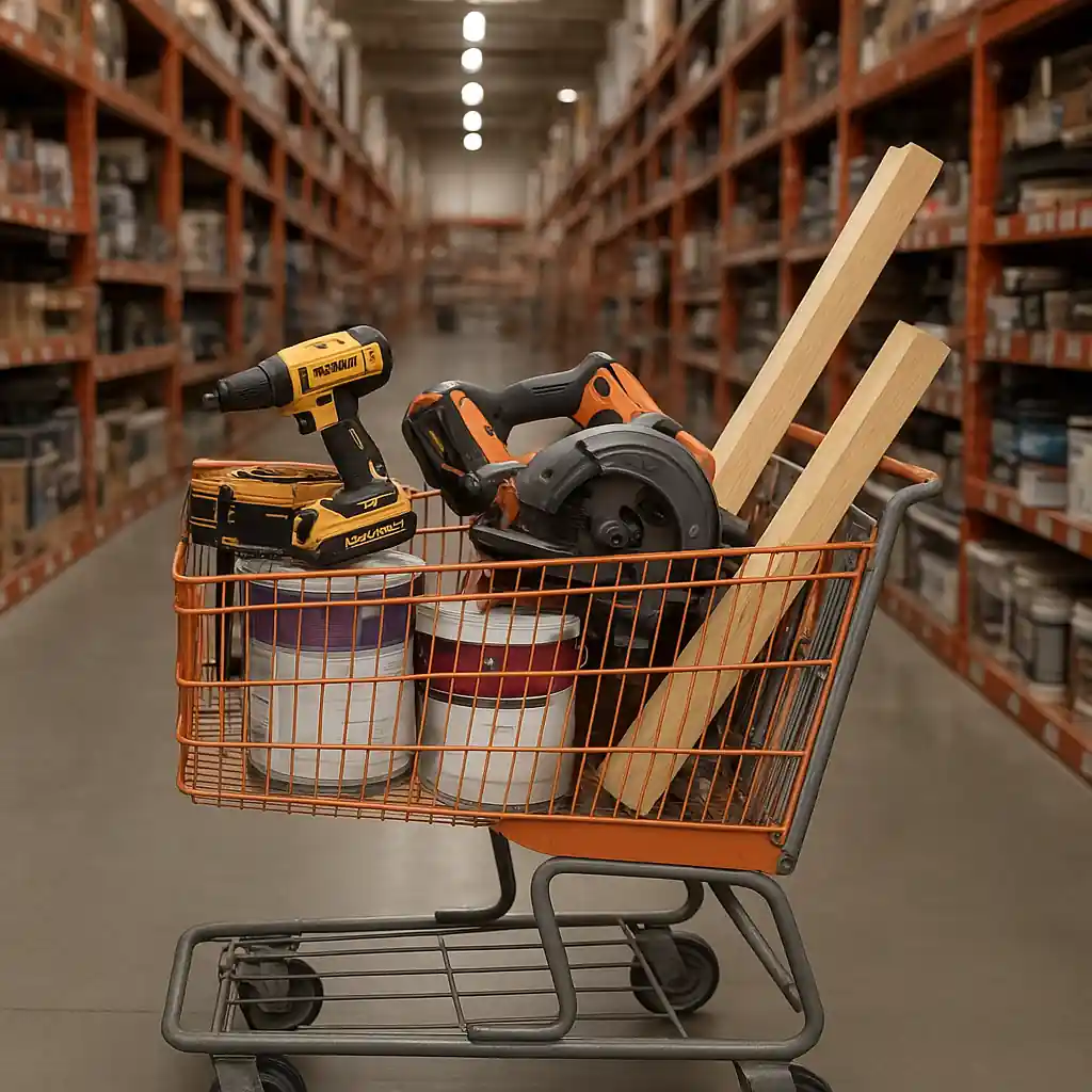 Home Depot cart loaded with tools and materials for a discounted home project