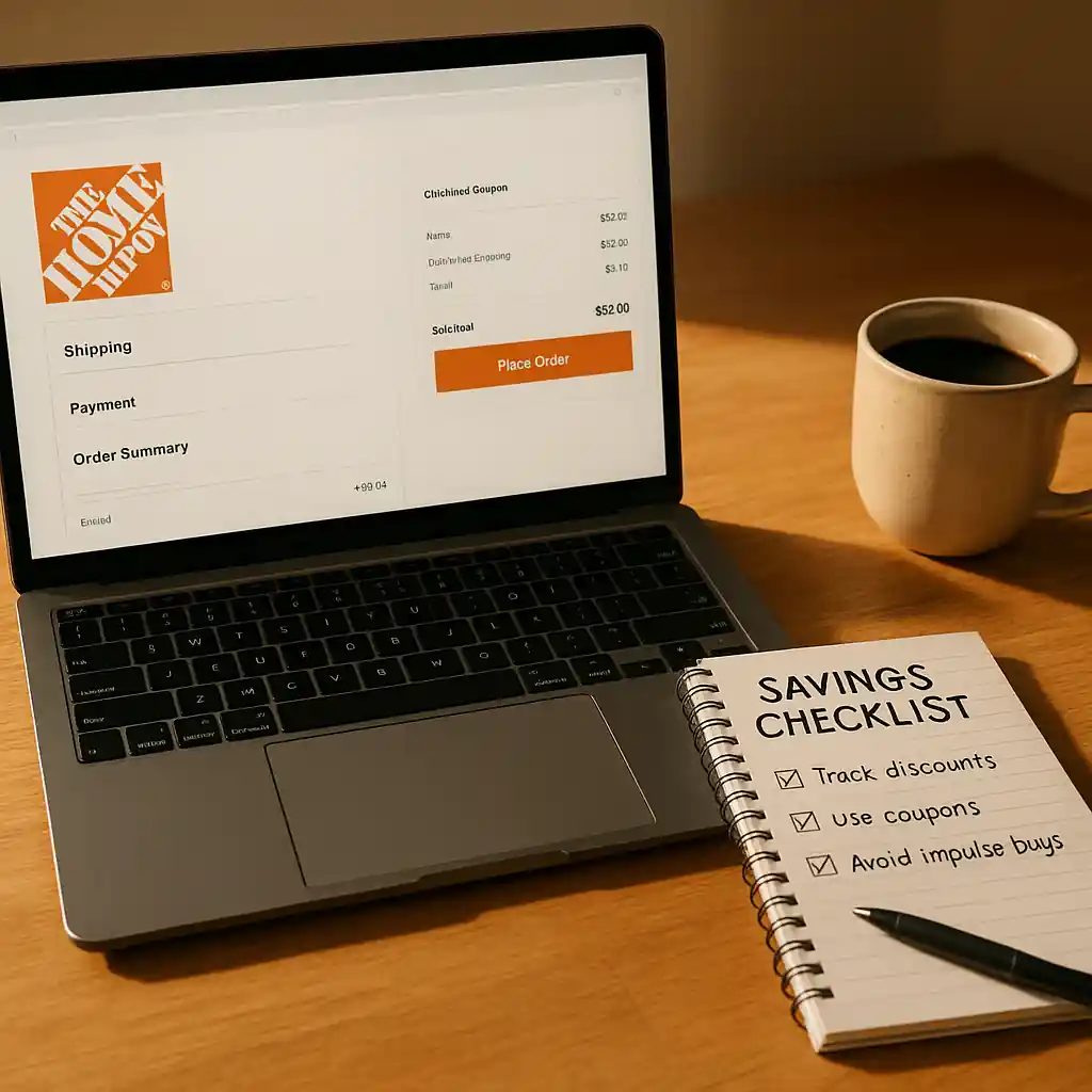 Laptop open to checkout with notes for applying a home depot promo code and checklist for appliance purchase