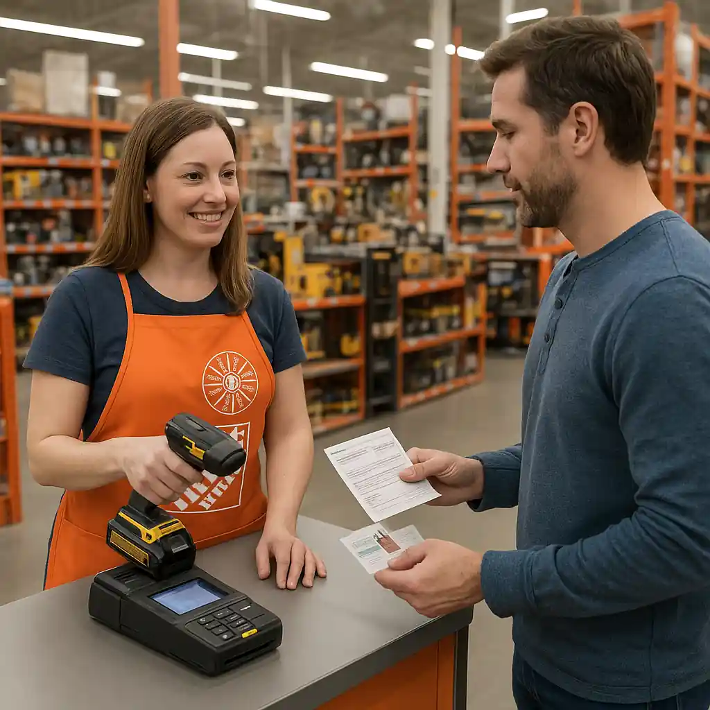 Home Depot cashier scanning eligible items while customer shows educator ID for discount
