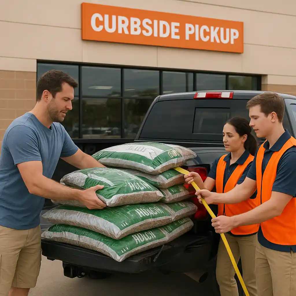 Customer loading multiple mulch bags into a pickup using safe lifting technique