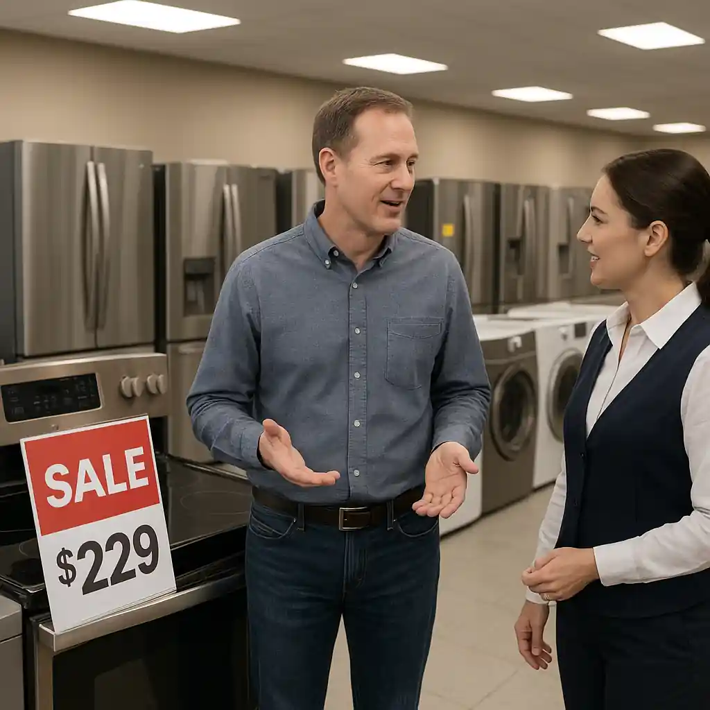 Customer discussing appliance pricing and exclusions with store associate at Home Depot