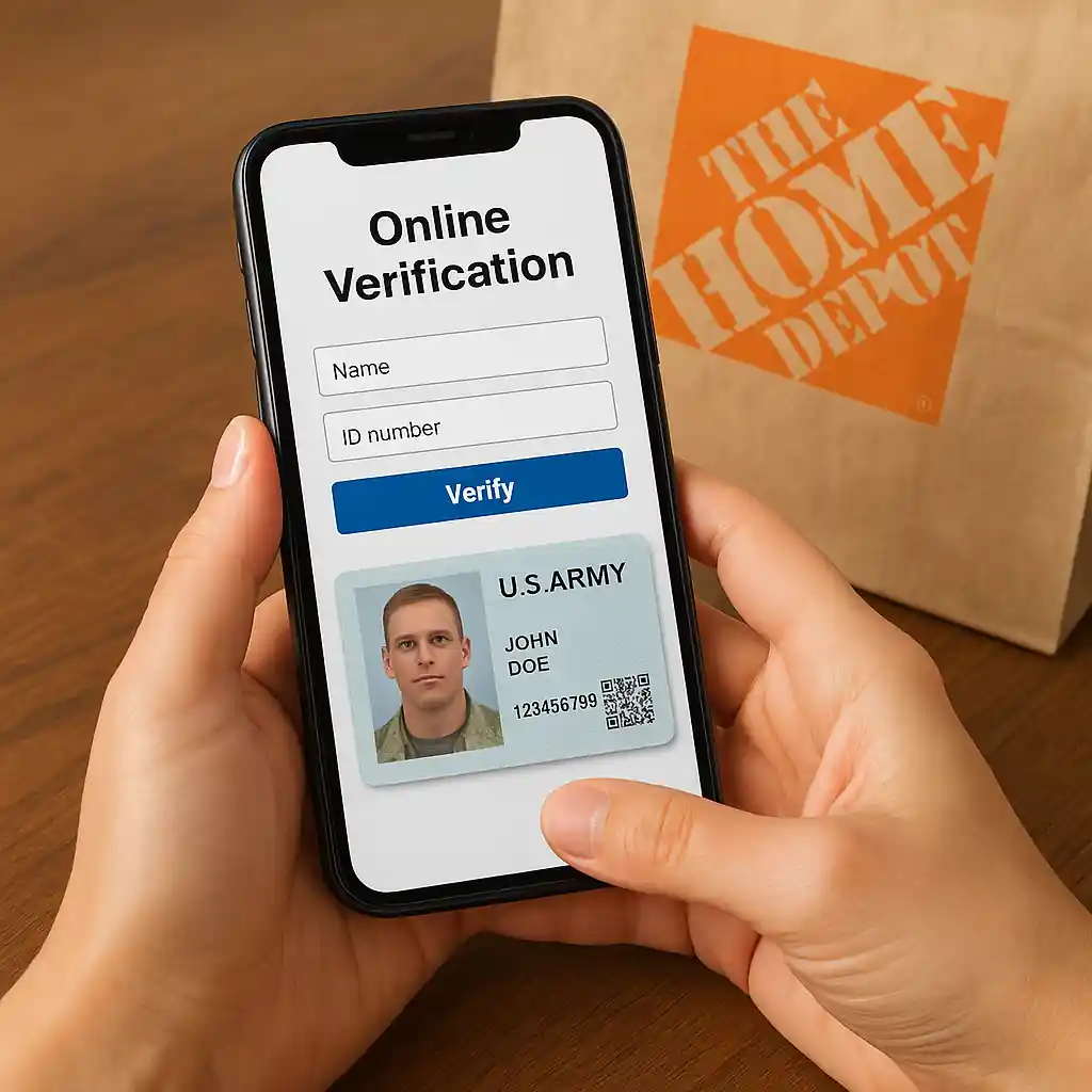 Phone showing online military status verification form next to a Home Depot shopping bag