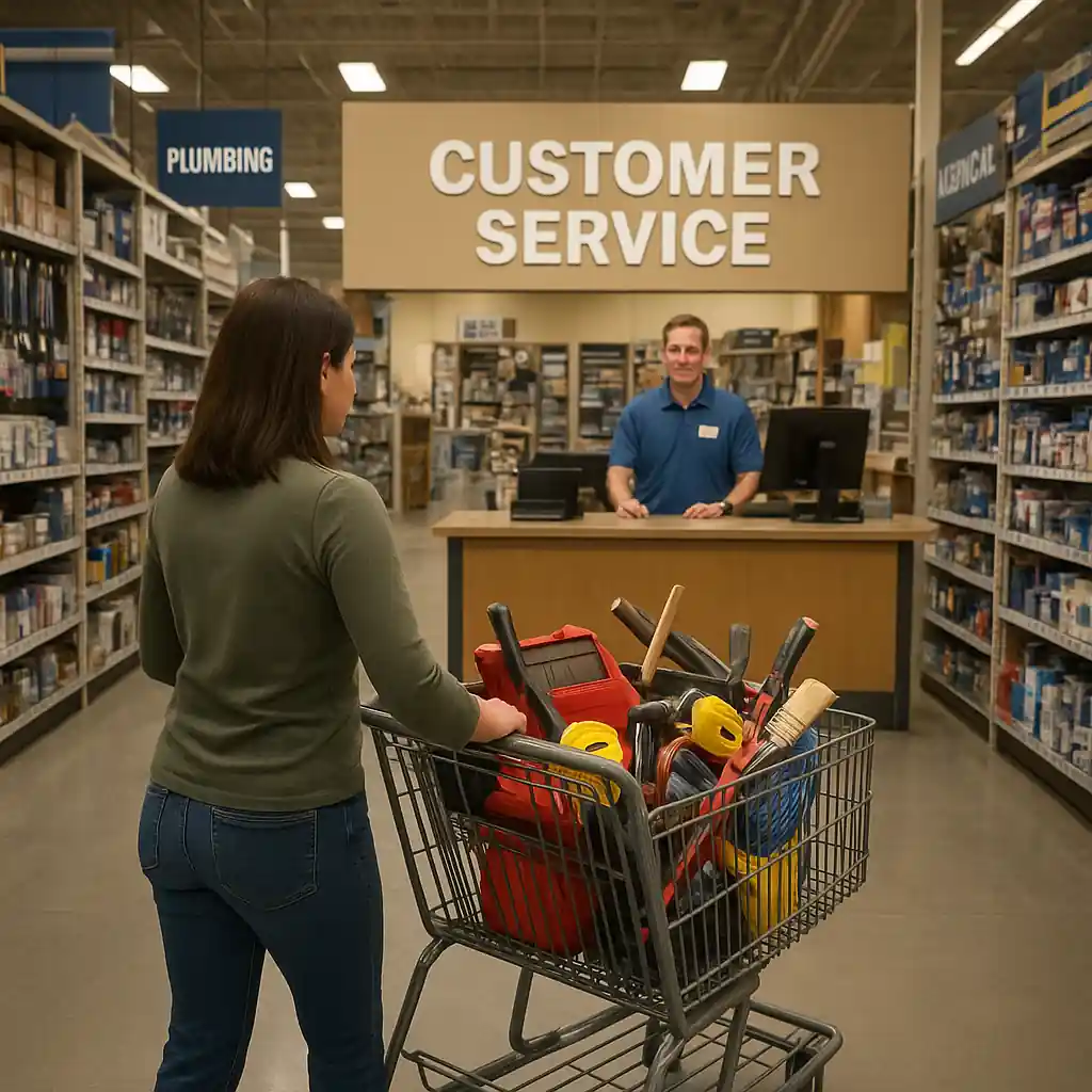 Shopper at Home Depot customer service desk ready to verify military status before checkout