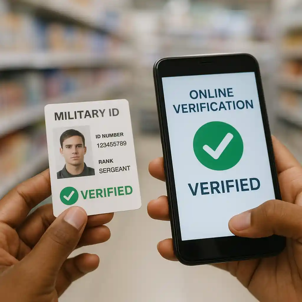 Military ID next to phone displaying verification step for home depot military discount online