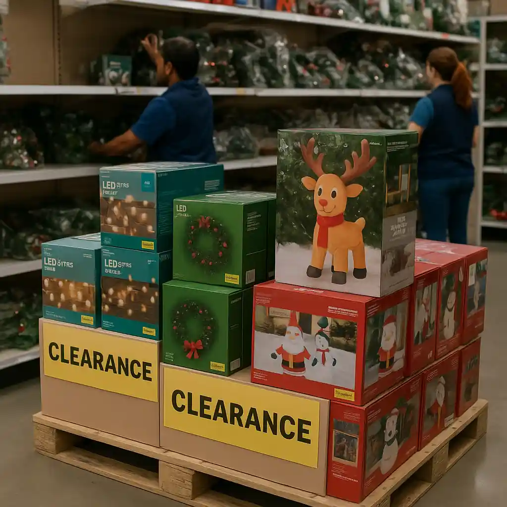 Clearance pallet of LED lights, wreaths and inflatables ready for resale