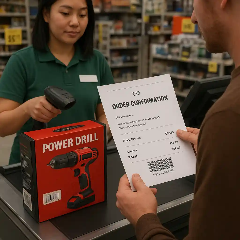 Cashier scanning a tool at checkout with customer holding verification printout