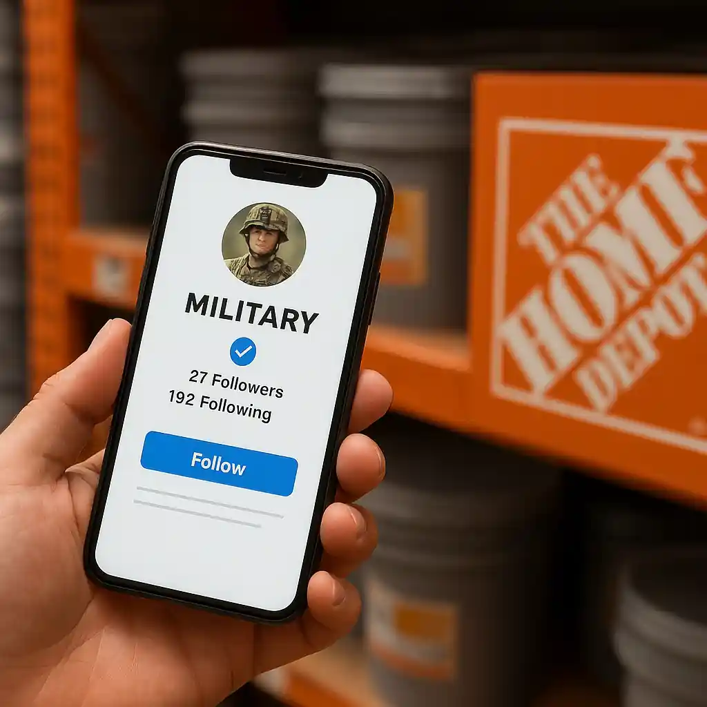 Smartphone verification screen used for online military discount while shopping in Home Depot aisle