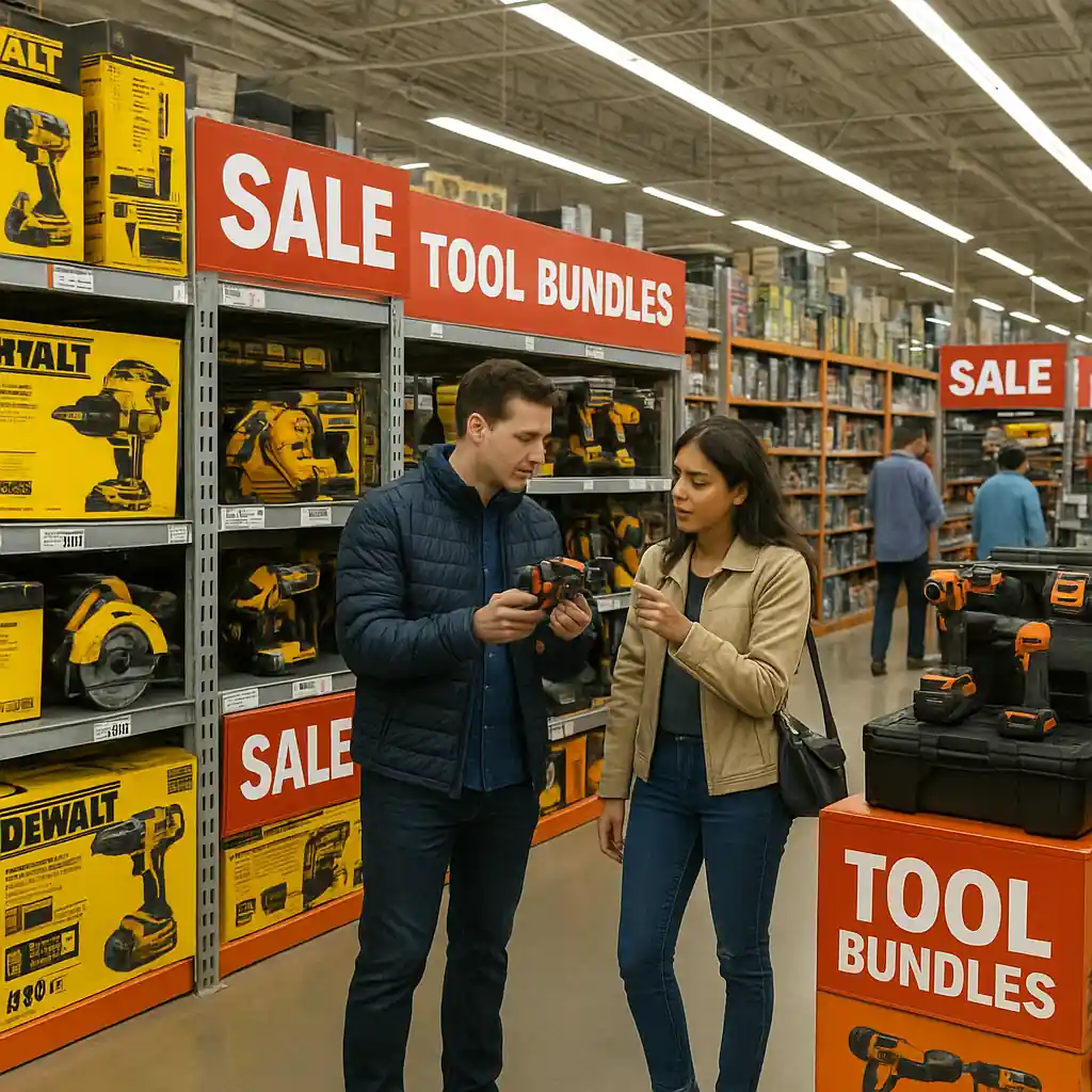 Shoppers comparing power tools and tool bundles on sale in a Home Depot aisle