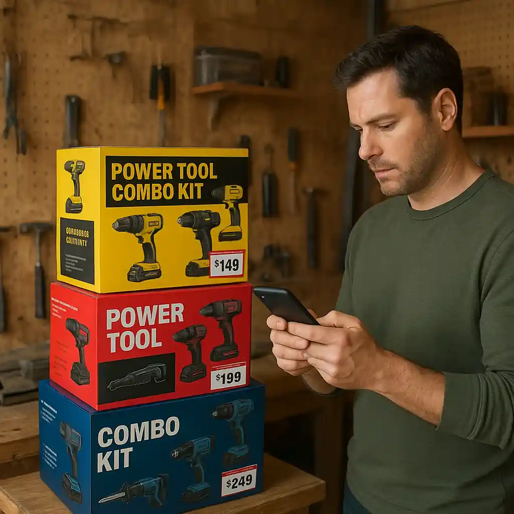 Power tool combo kits stacked on a workbench while a shopper checks promo codes on a phone