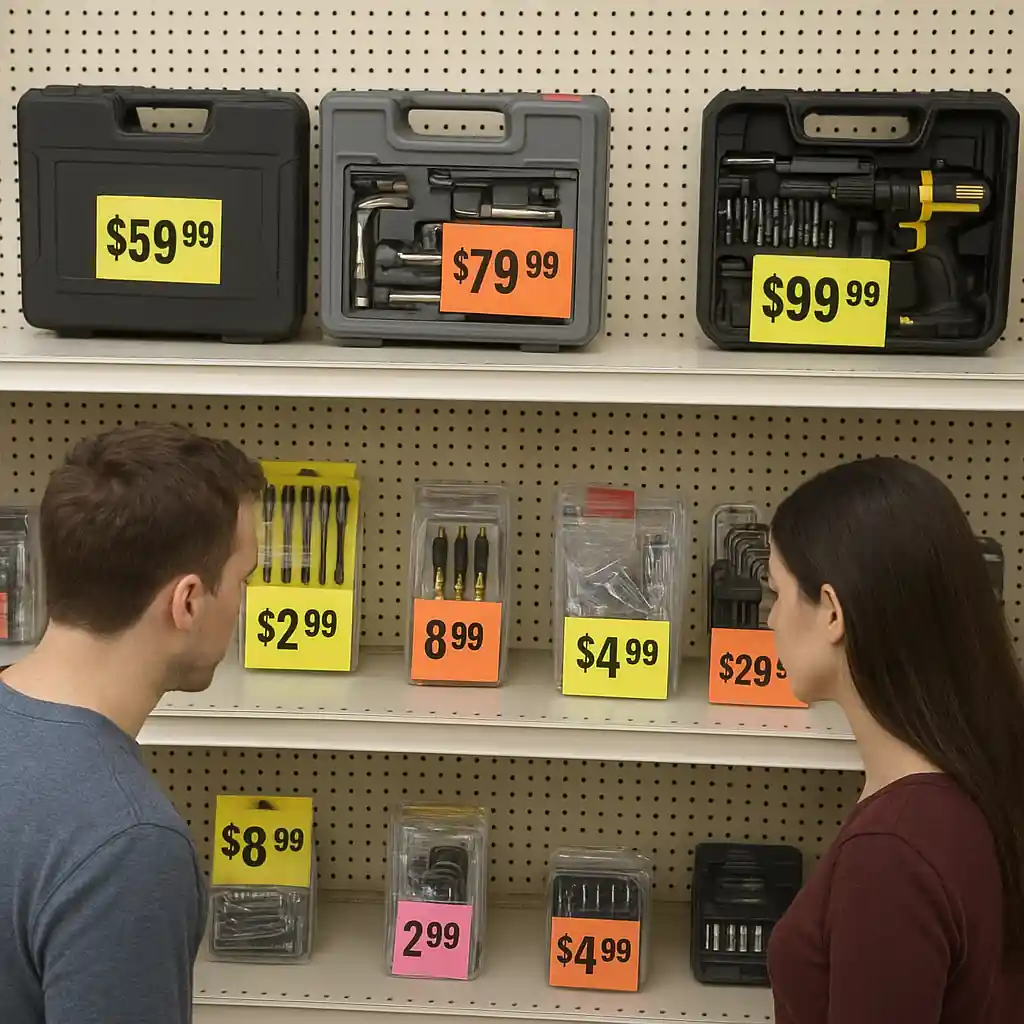 Tool kit bundles and accessories on a shelf with sale price tags, shoppers inspecting the items