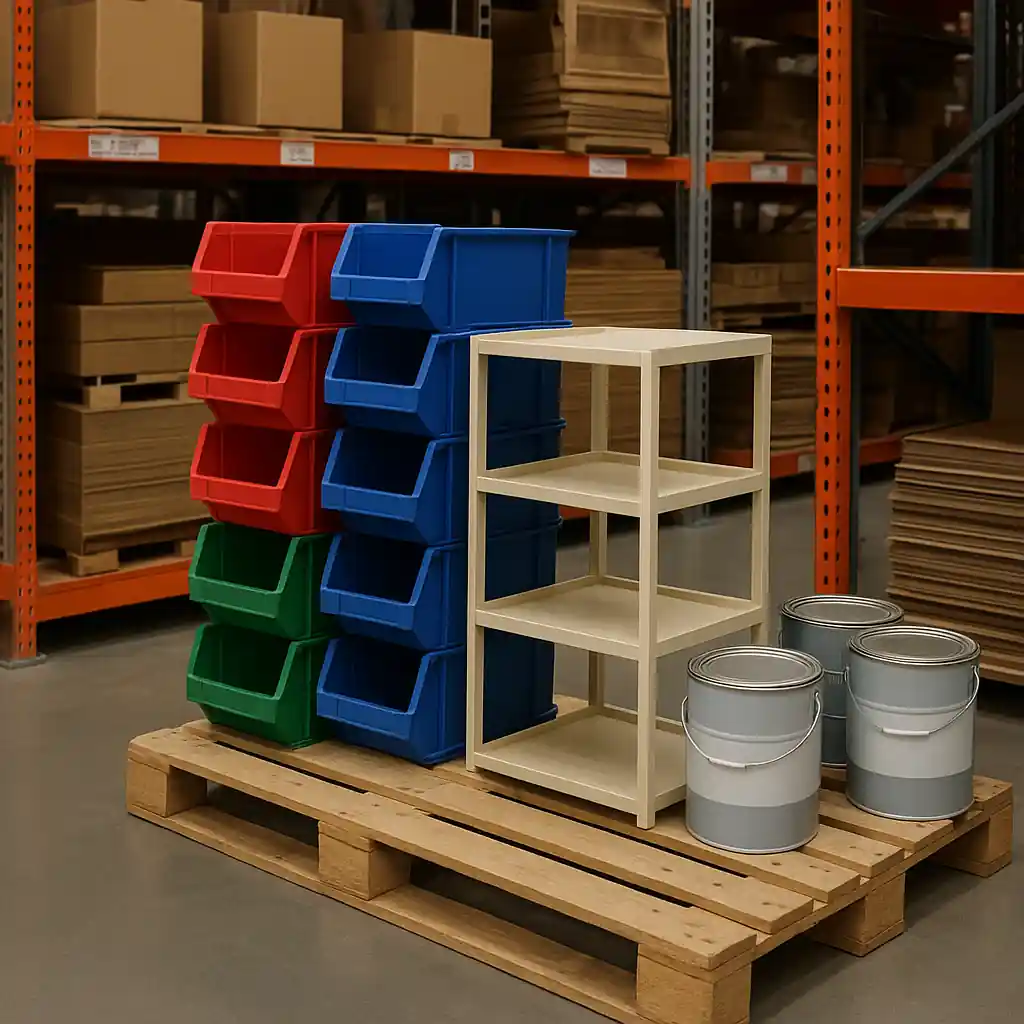Bulk classroom supplies stacked for pickup: shelving, bins, and paint