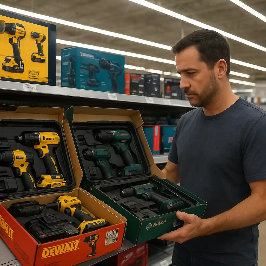 Customer inspecting power tool combo kits on sale in Home Depot aisle