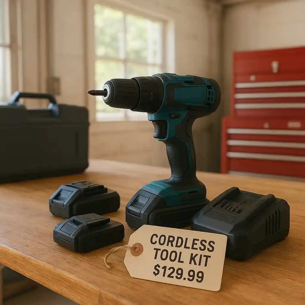 Cordless power tool kit and batteries on a garage workbench highlighting tool deals