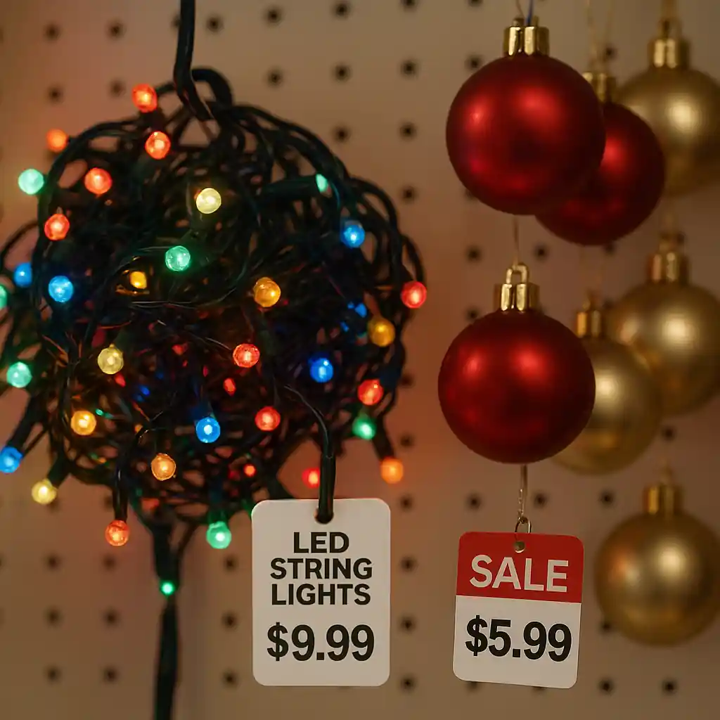 string lights and ornaments on sale at a retail store clearance section