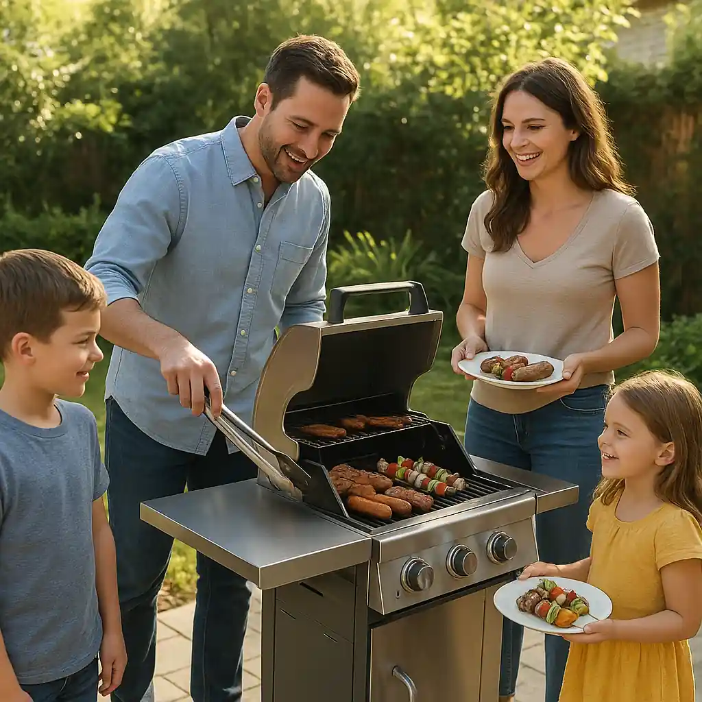 Family cooking on a gas grill in a backyard patio setting, showing typical use and scale